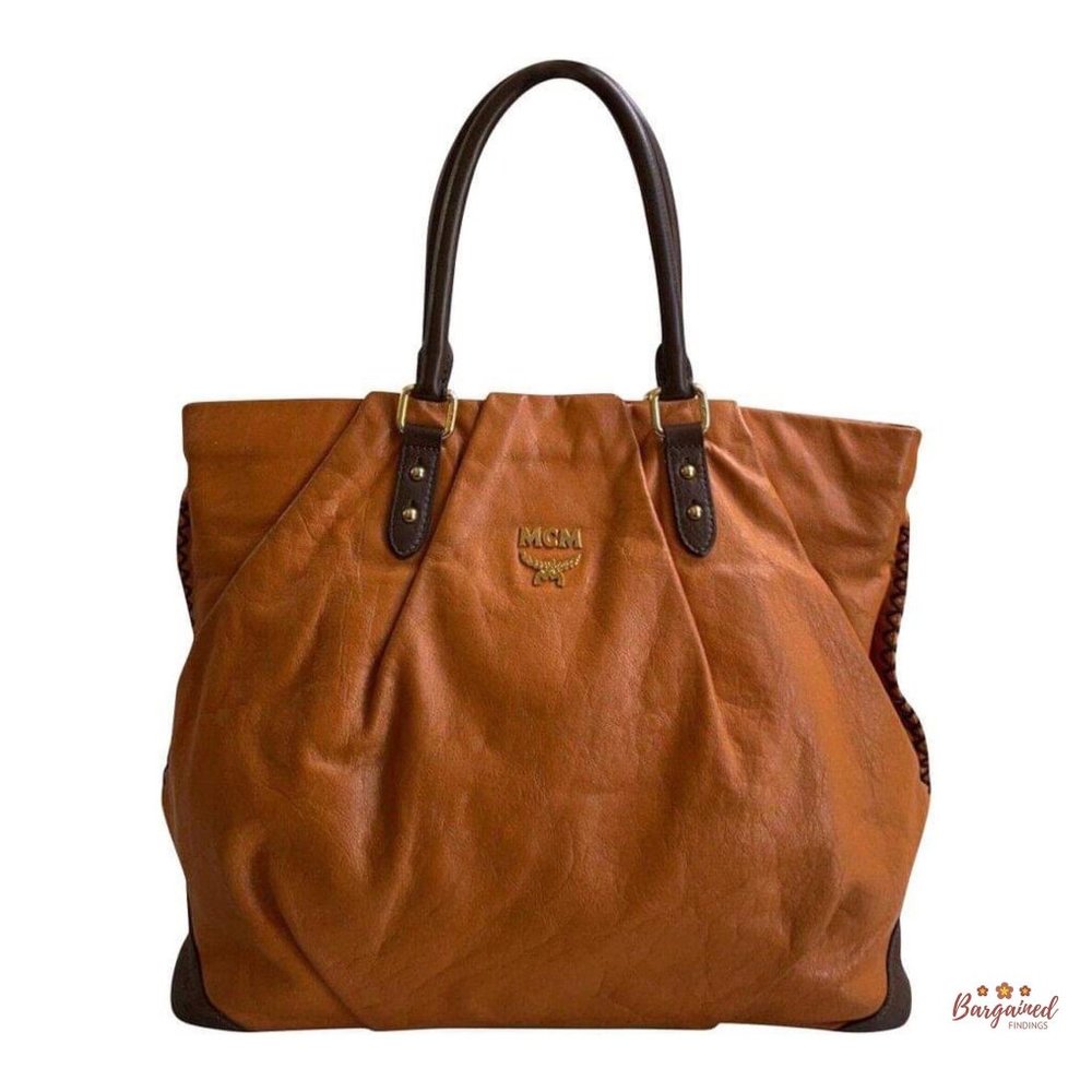 Authentic MCM Saddle/Dark Brown Leather Medium Tote Bag w/ Gold Hardware